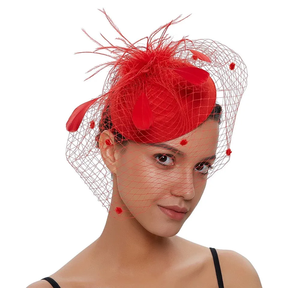 Pillbox Spot Veil and Feather Headband Fascinator - Red