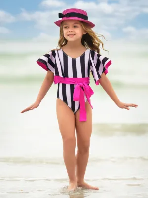 Pop Of Pink Flare Sleeve Striped One Piece Swimsuit