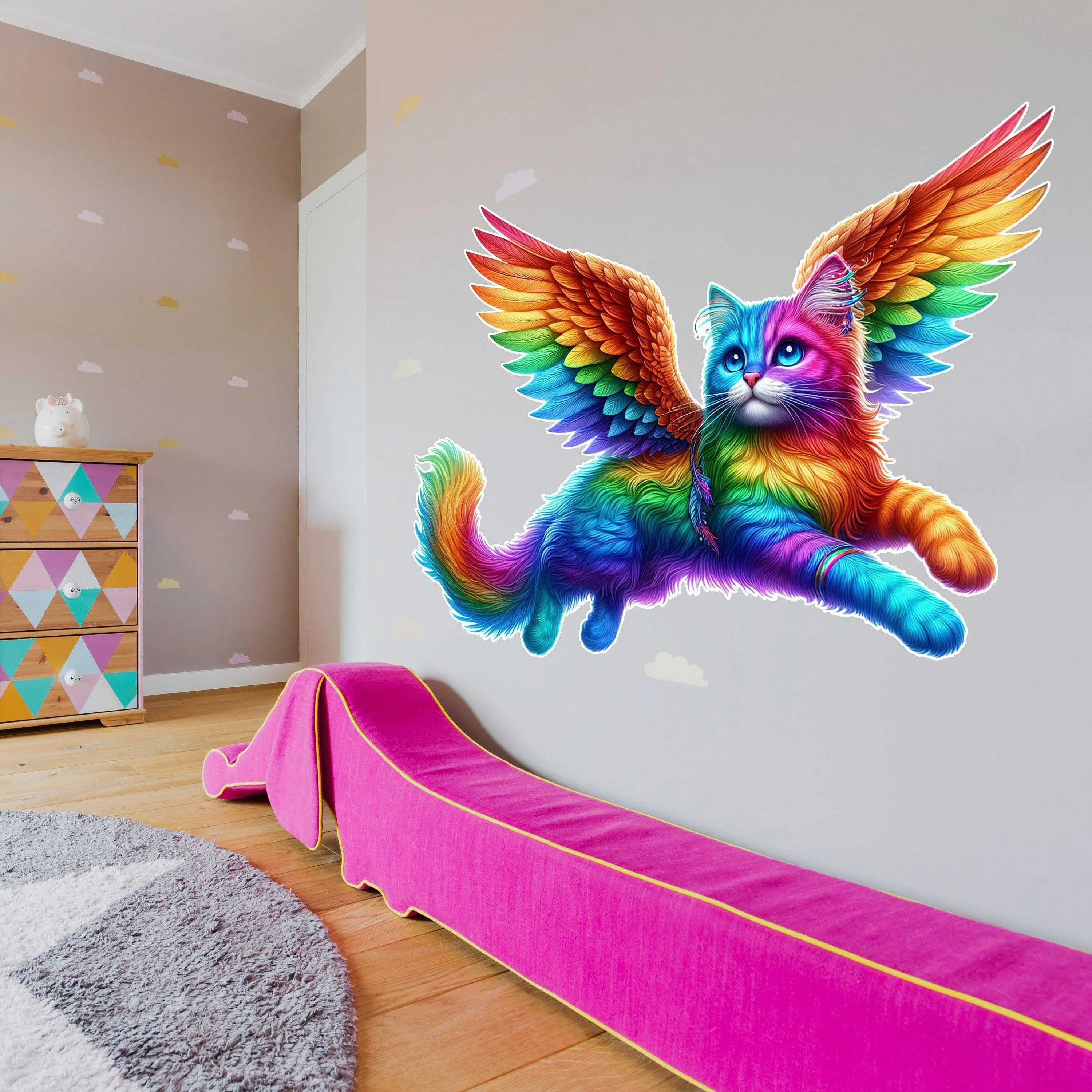 Rainbow Flying Cat with Wings Wall Sticker Decals - Vibrant Room Decor for Kids, Nursery, and Playrooms