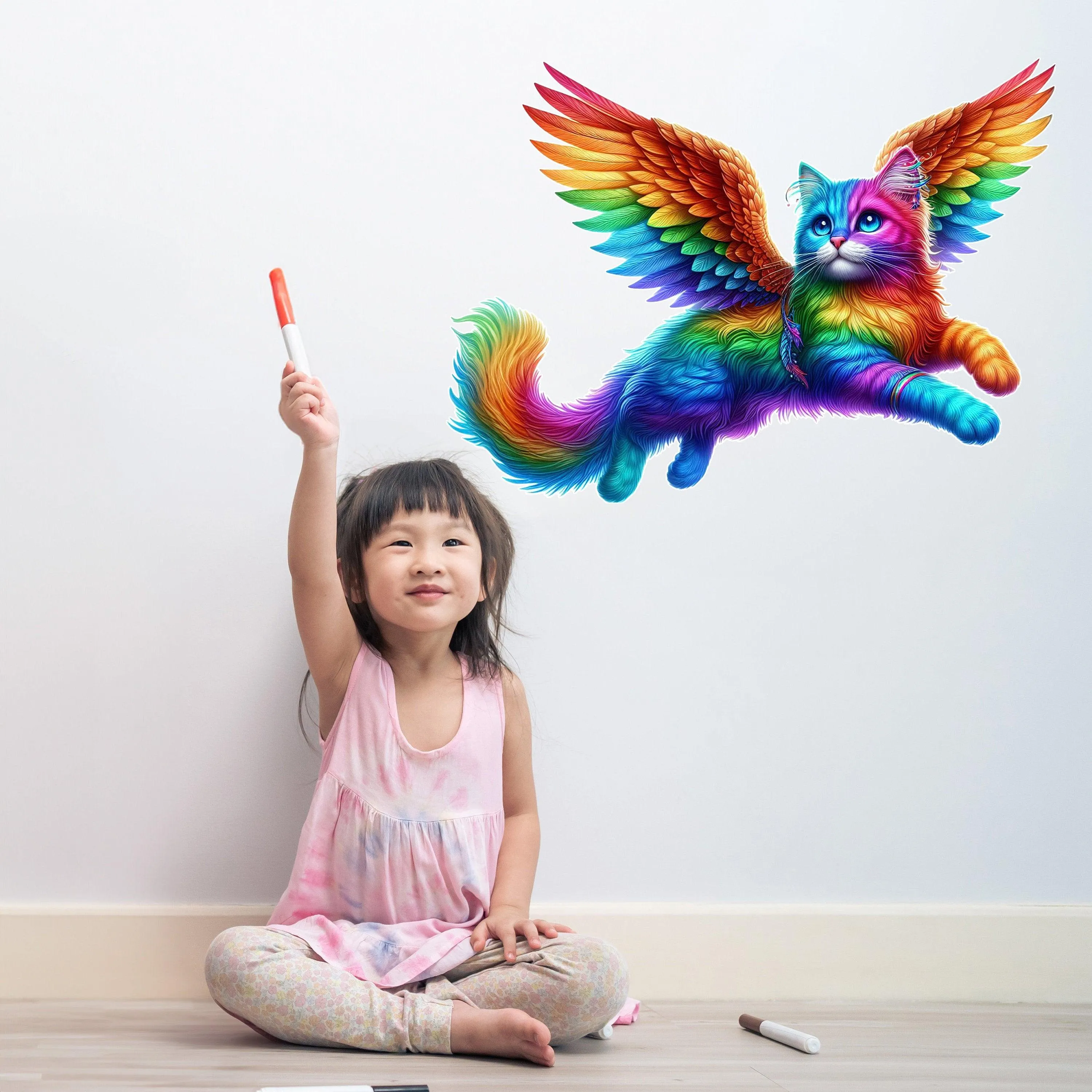 Rainbow Flying Cat with Wings Wall Sticker Decals - Vibrant Room Decor for Kids, Nursery, and Playrooms