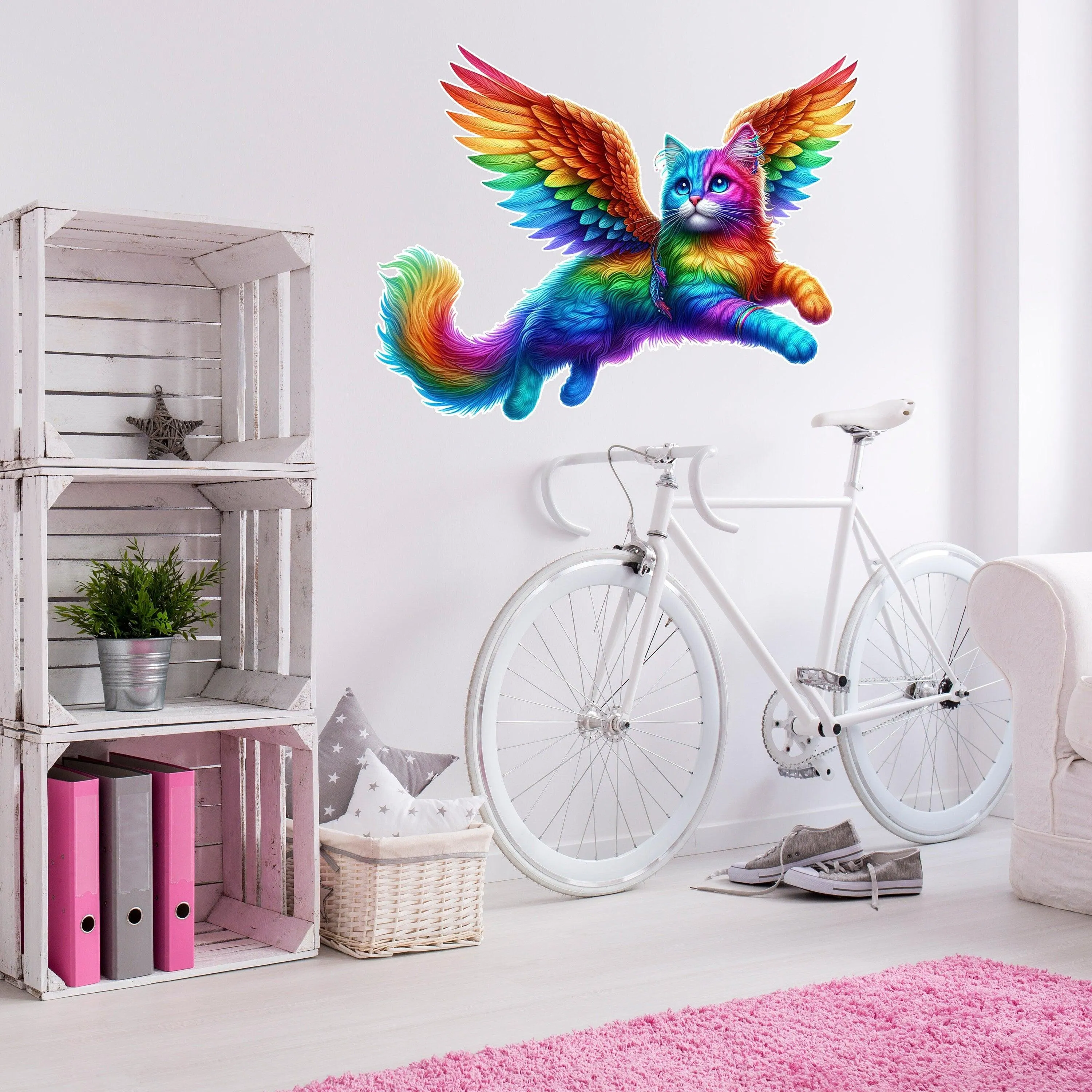 Rainbow Flying Cat with Wings Wall Sticker Decals - Vibrant Room Decor for Kids, Nursery, and Playrooms