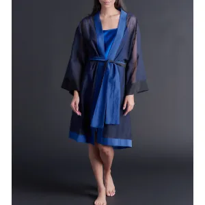 Selene Knee Length Robe in Color-block Sapphire Silk Cotton Voile