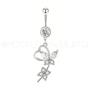 Silver Butterfly Heart Dangly Navel Belly Button Ring