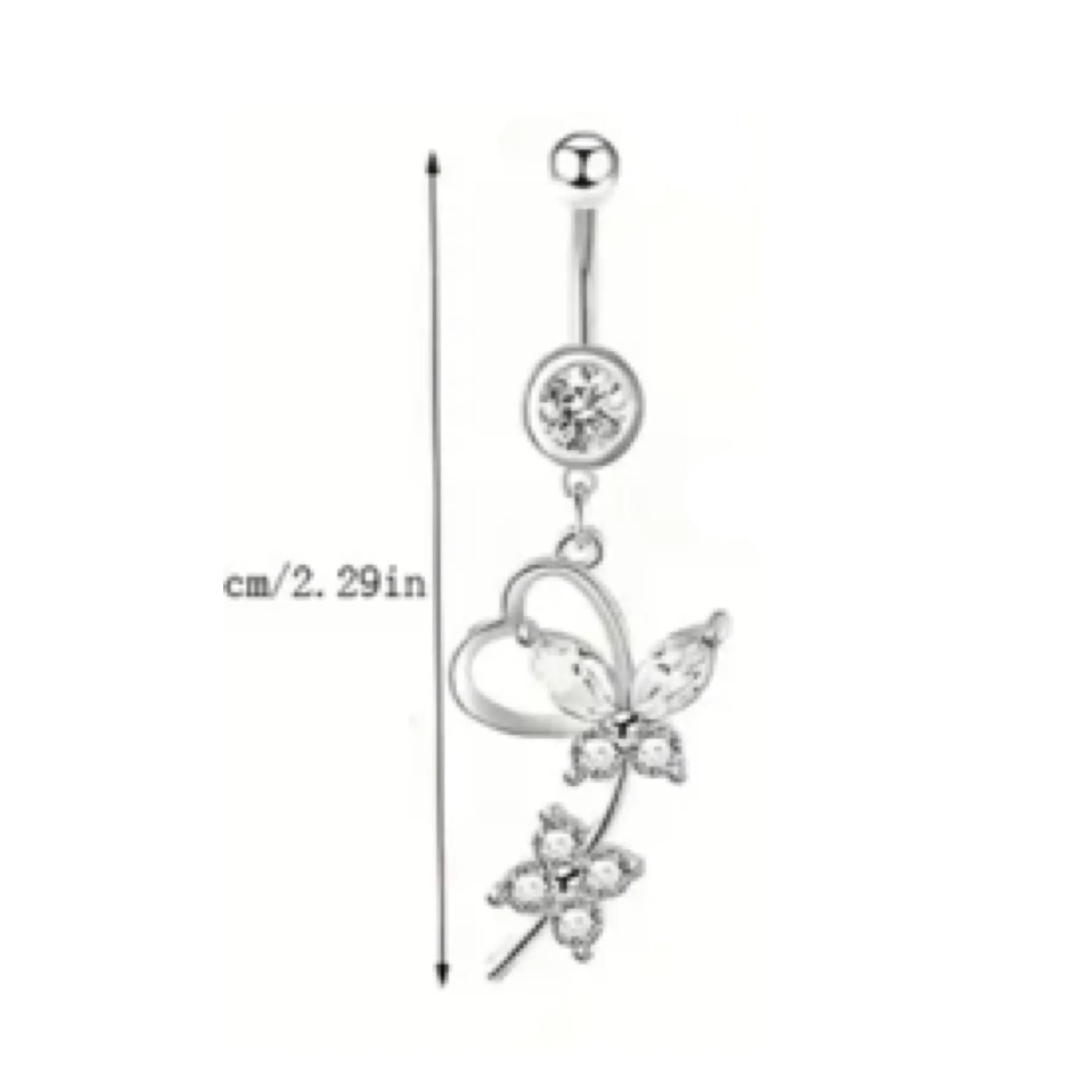 Silver Butterfly Heart Dangly Navel Belly Button Ring