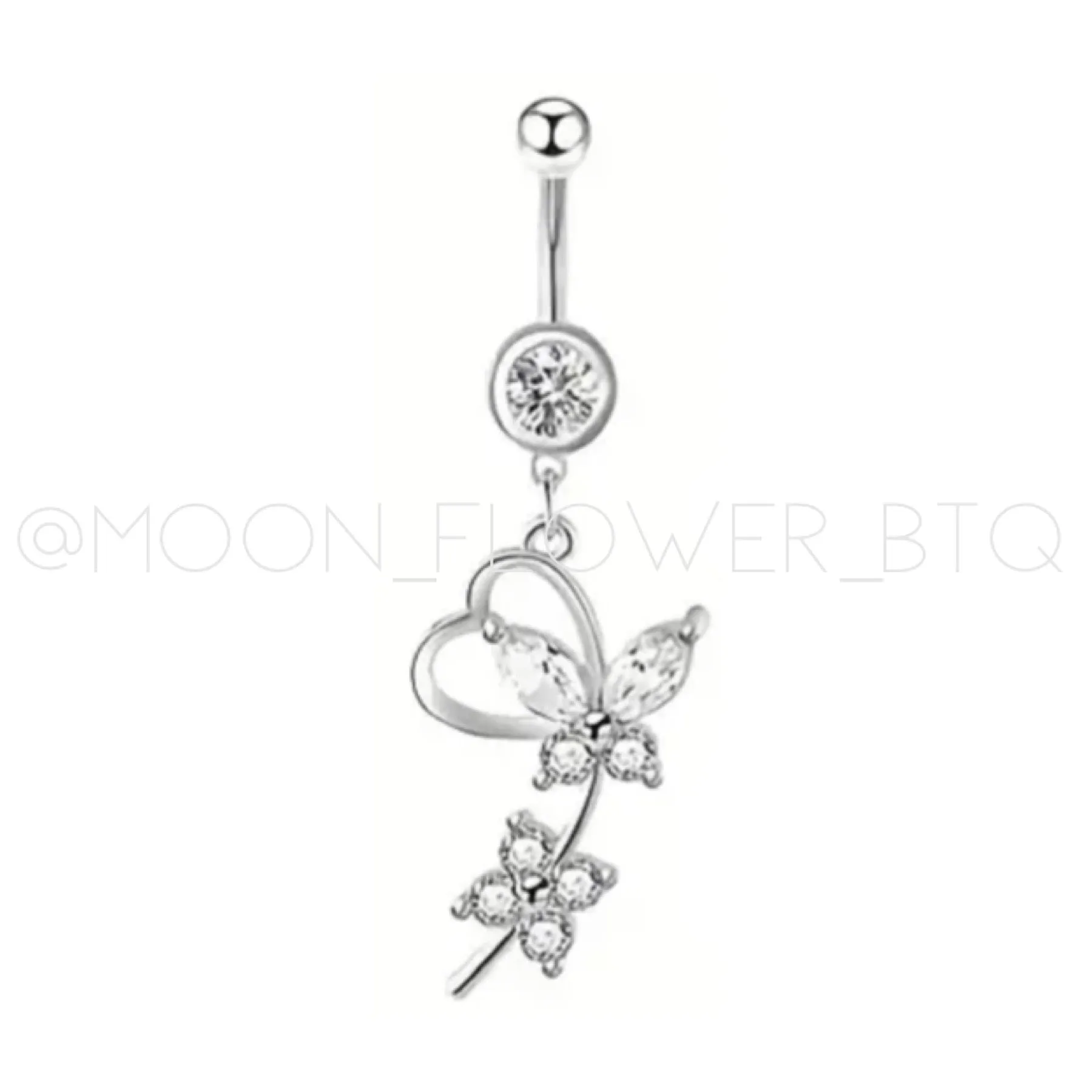 Silver Butterfly Heart Dangly Navel Belly Button Ring