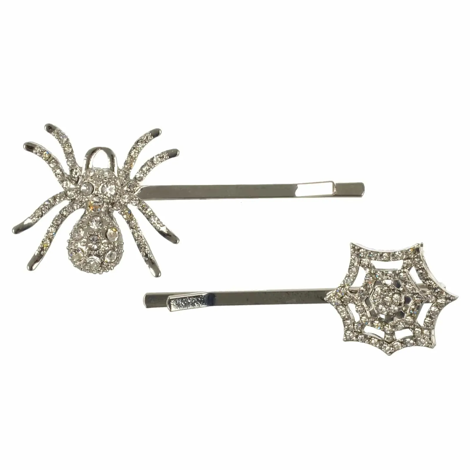 Spider & Web Halloween Hair Slides Set Silver Diamante Clips