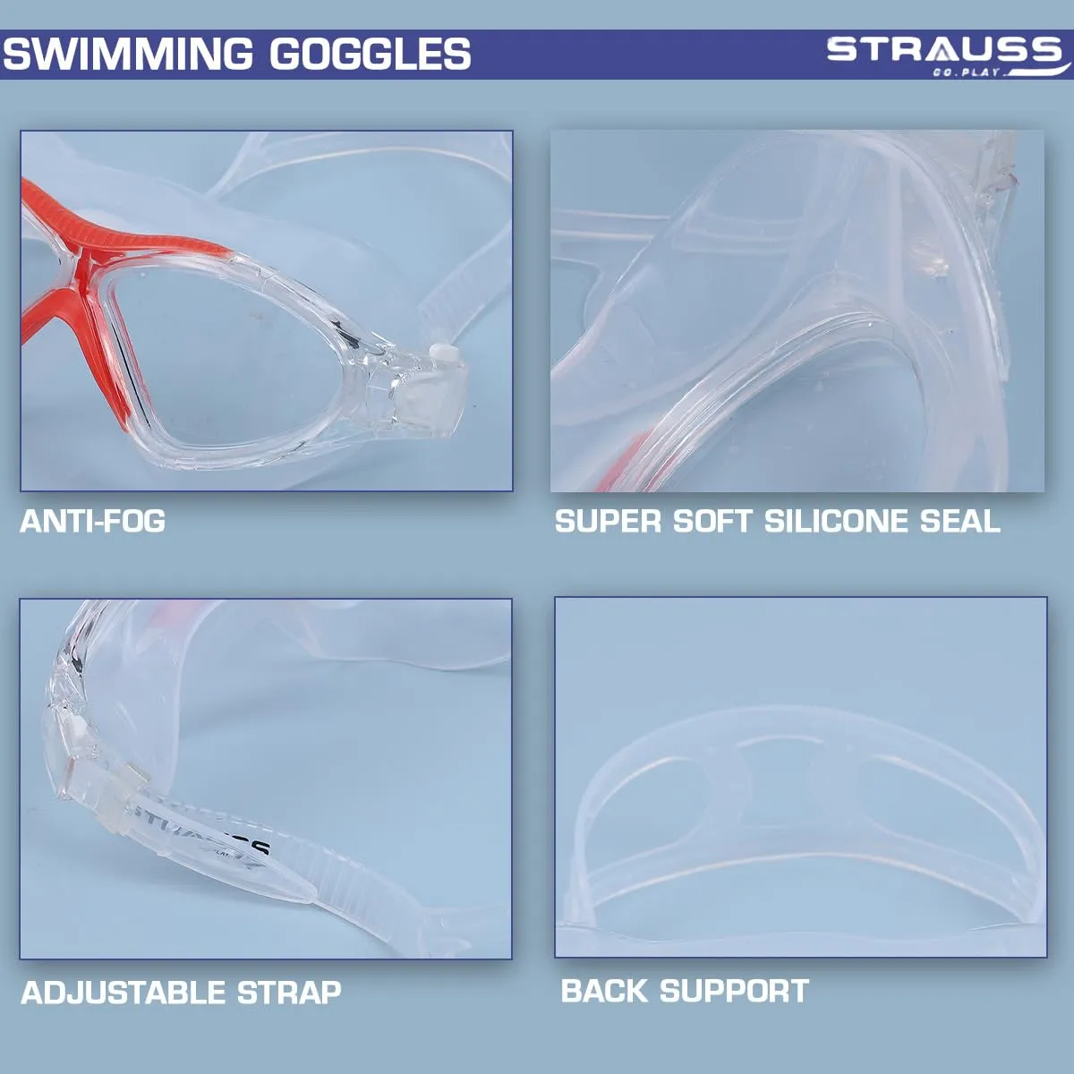 STRAUSS Swimming Goggles | Anti Fog & UV Protection | Swimming Goggles for Kids, Adults | Fully Adjustable Swimming Goggles with A Case Cover,(Red)