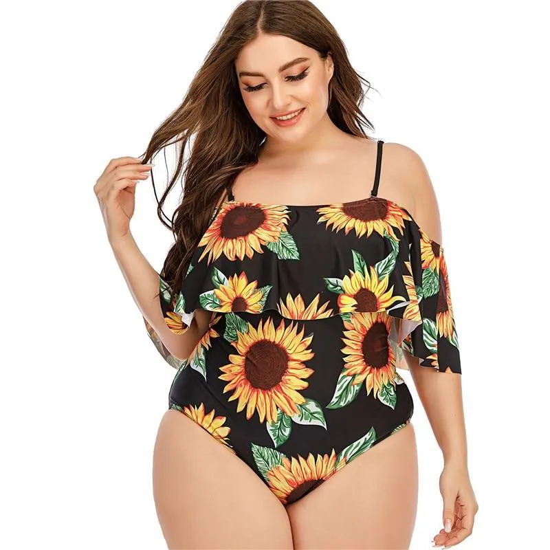 Stylish Ladies' Sunflower-print Swimsuit With Lotus Lace Plus Size One Piece