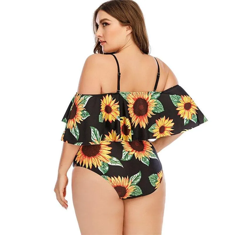 Stylish Ladies' Sunflower-print Swimsuit With Lotus Lace Plus Size One Piece