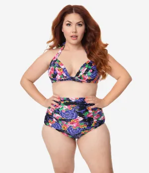 Unique Vintage Plus Size Pink & Purple Floral Print Monroe High Waist Swim Bottom