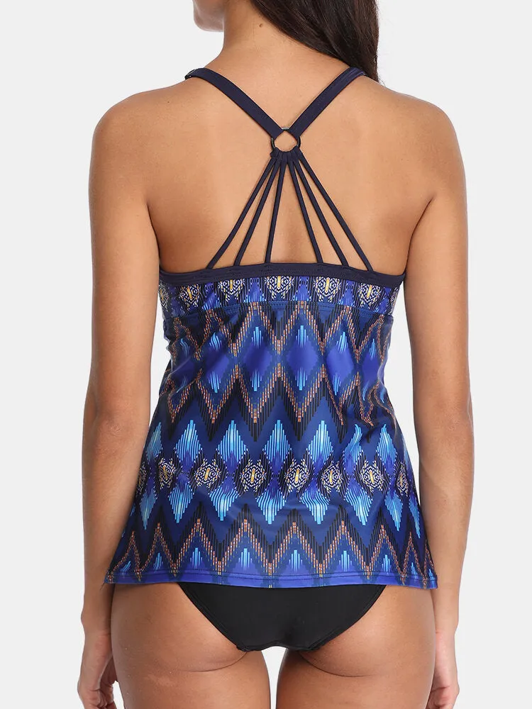 Women Ethnic Style Geometric Print Backless Tankini Cover Belly Swimsuits