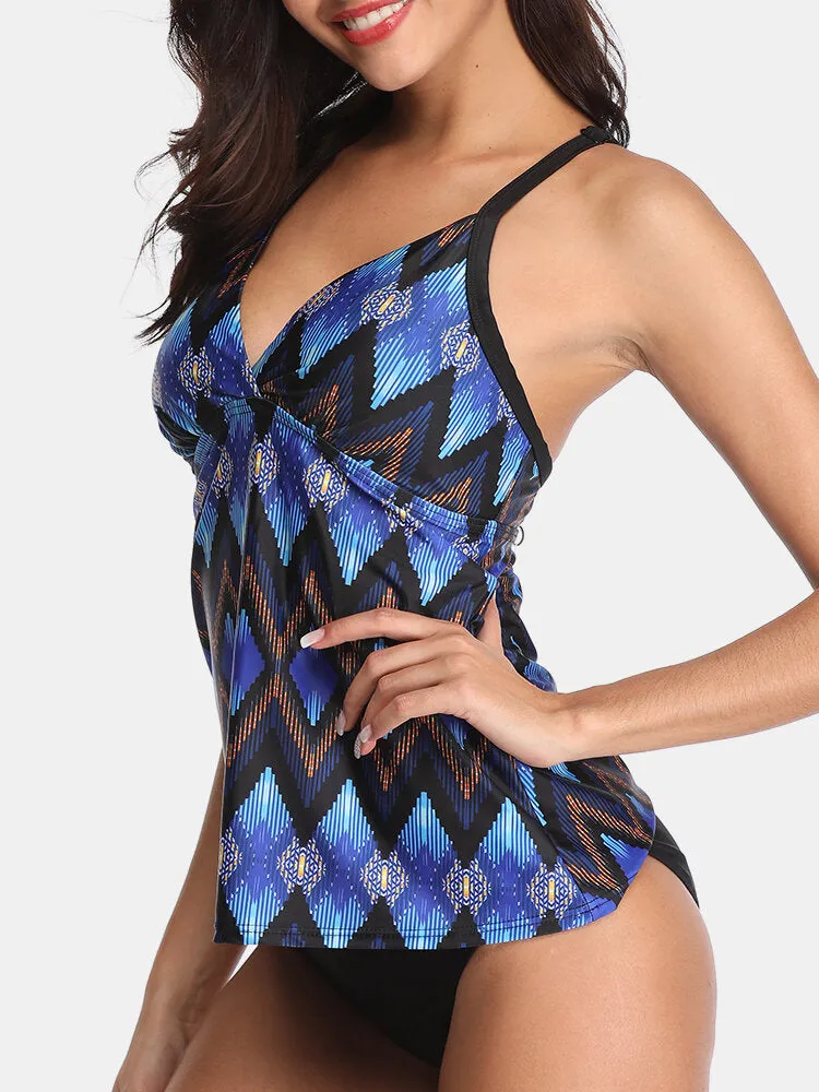 Women Ethnic Style Geometric Print Backless Tankini Cover Belly Swimsuits