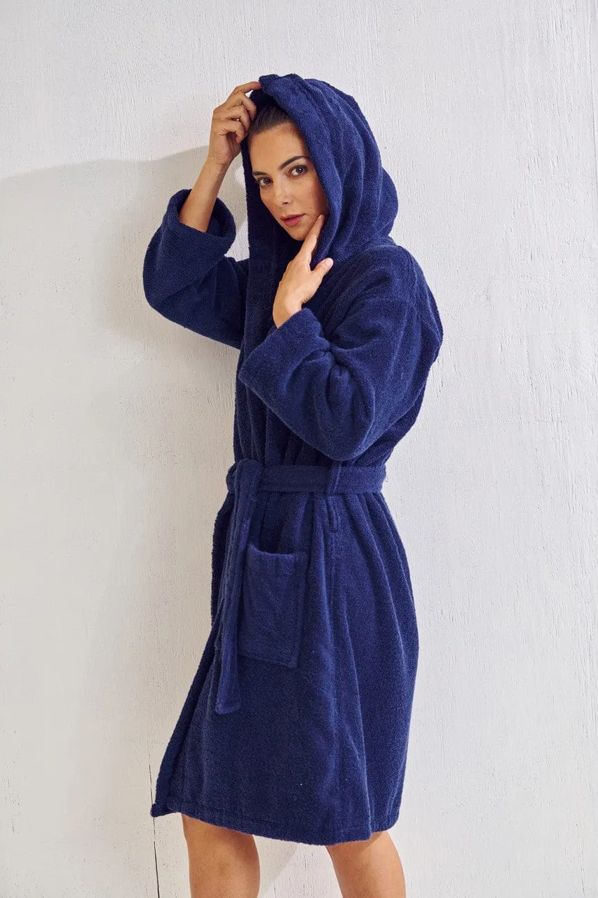 Women's Terry Cotton Turkish Hooded Bathrobe, Luxurious Terry Cloth, Lightweight & Soft (Navy)