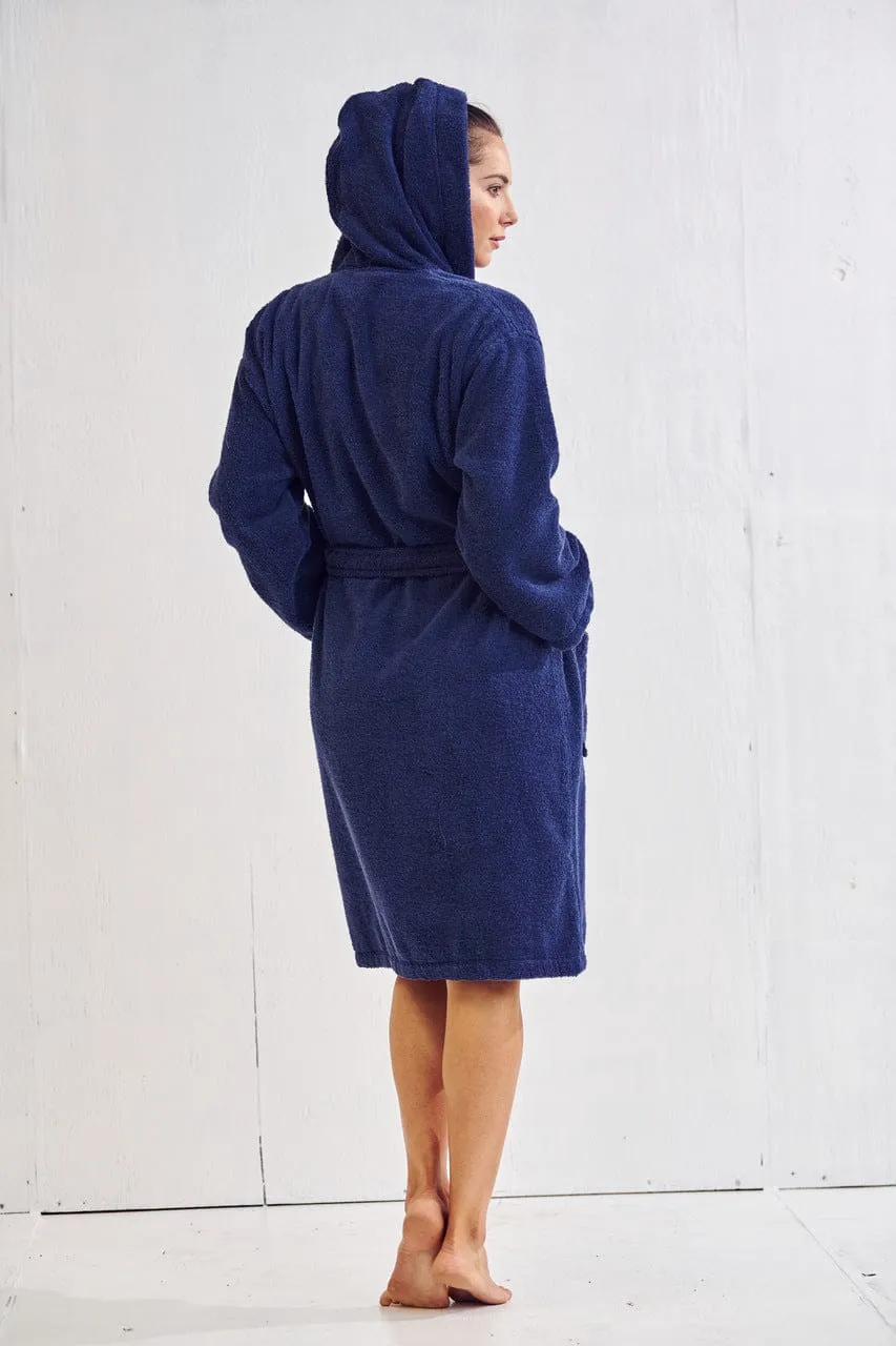 Women's Terry Cotton Turkish Hooded Bathrobe, Luxurious Terry Cloth, Lightweight & Soft (Navy)