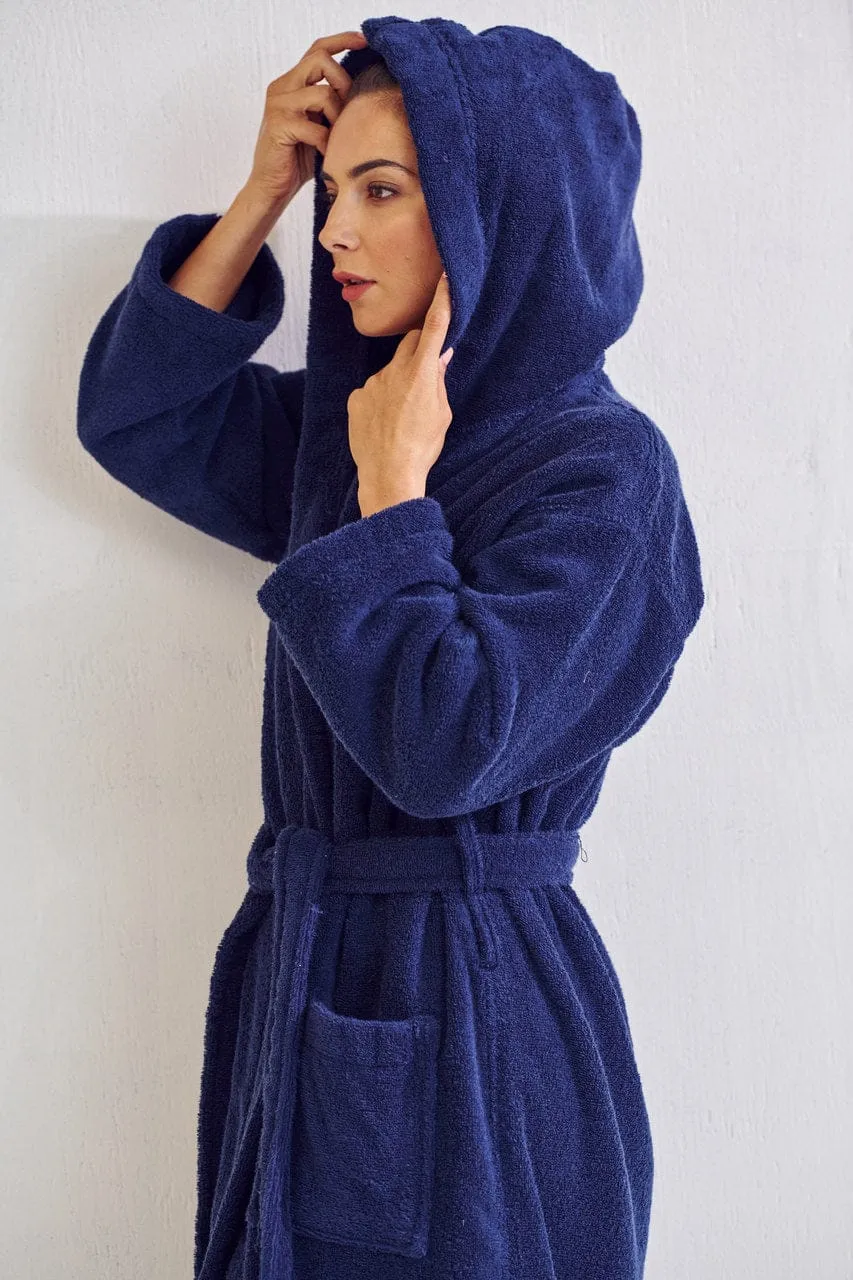 Women's Terry Cotton Turkish Hooded Bathrobe, Luxurious Terry Cloth, Lightweight & Soft (Navy)