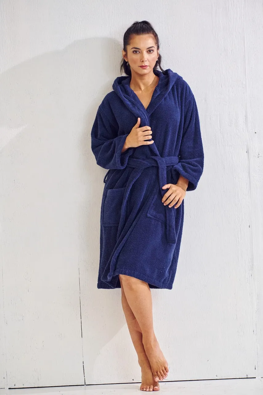 Women's Terry Cotton Turkish Hooded Bathrobe, Luxurious Terry Cloth, Lightweight & Soft (Navy)