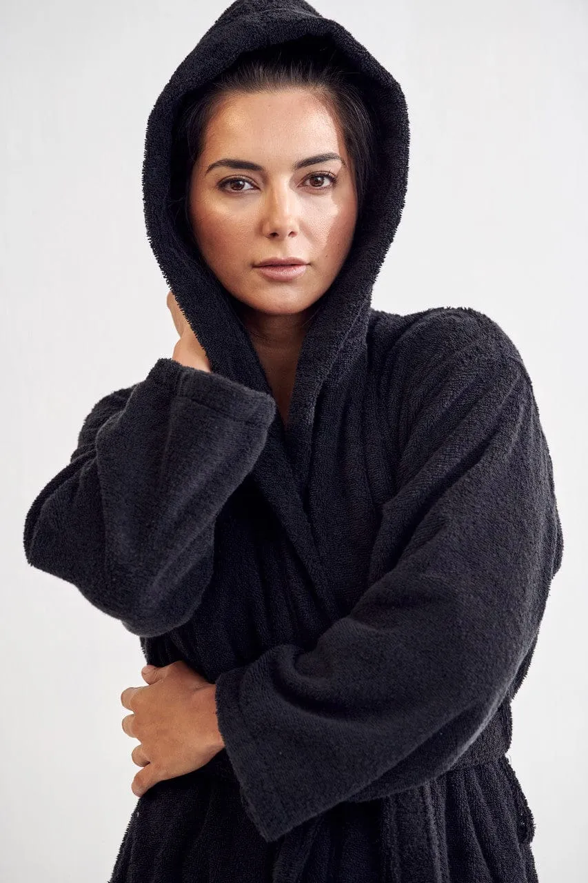 Women's Terry Cotton Turkish Hooded Bathrobe, Luxurious Terry Velour, Lightweight & Soft (Black)