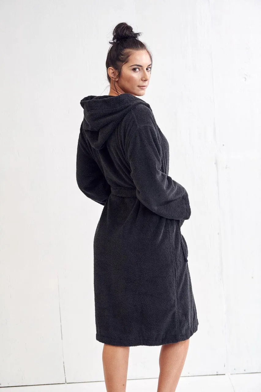 Women's Terry Cotton Turkish Hooded Bathrobe, Luxurious Terry Velour, Lightweight & Soft (Black)