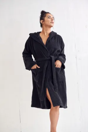 Women's Terry Cotton Turkish Hooded Bathrobe, Luxurious Terry Velour, Lightweight & Soft (Black)