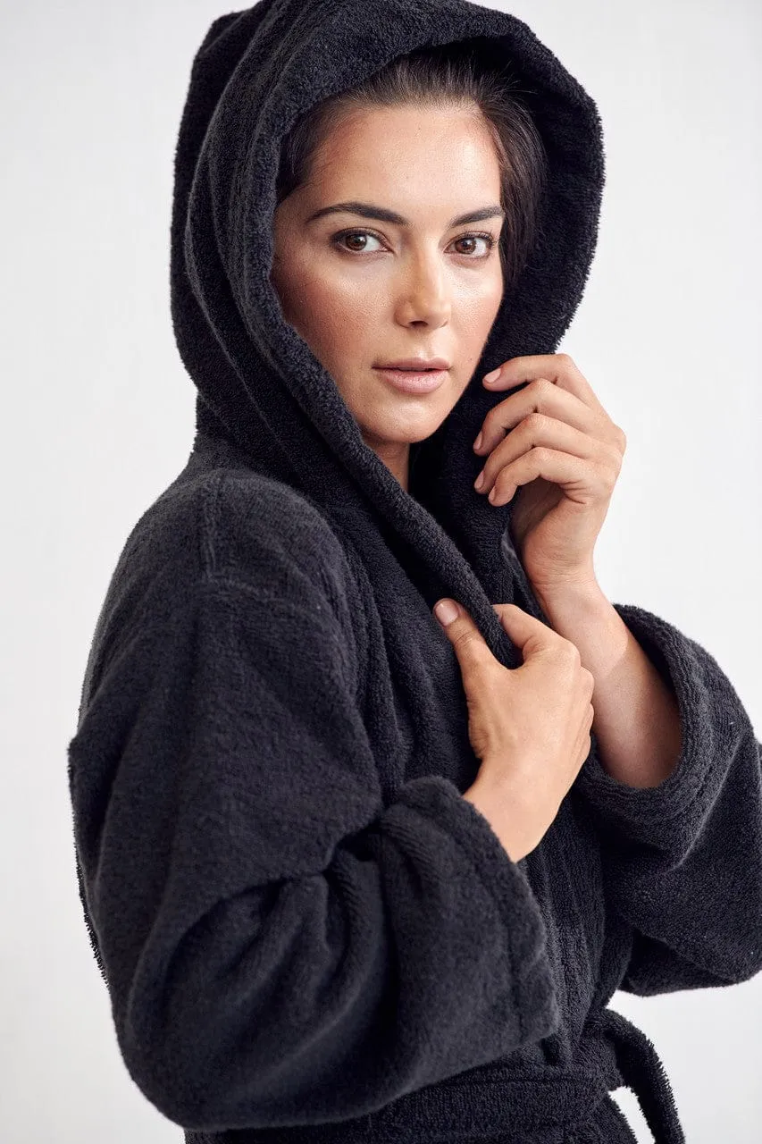 Women's Terry Cotton Turkish Hooded Bathrobe, Luxurious Terry Velour, Lightweight & Soft (Black)