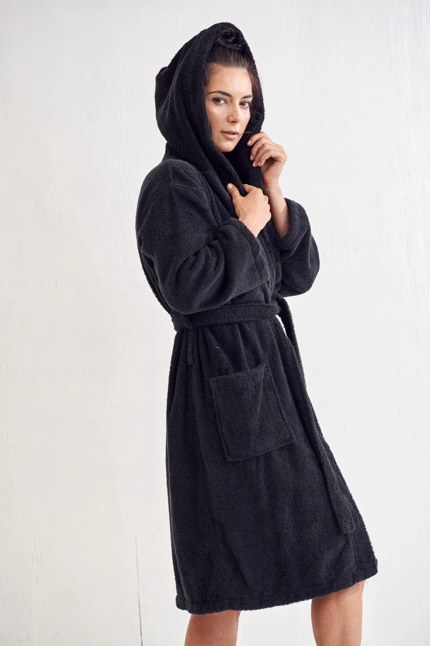 Women's Terry Cotton Turkish Hooded Bathrobe, Luxurious Terry Velour, Lightweight & Soft (Black)