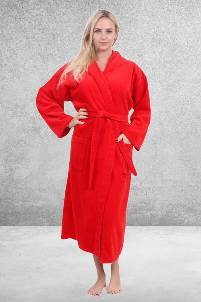 Women's Terry Cotton Turkish Hooded Bathrobe, Luxurious Terry Velour, Lightweight & Soft (Red)