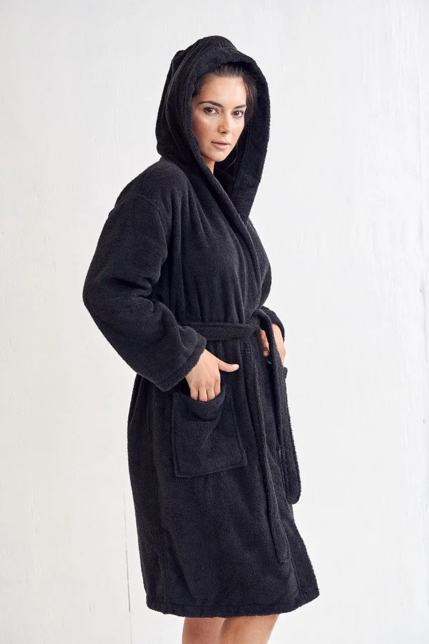 Women's Terry Hooded Bathrobe, Luxurious Terry Cloth Cotton Turkish Robe, Lightweight & Soft (Black)