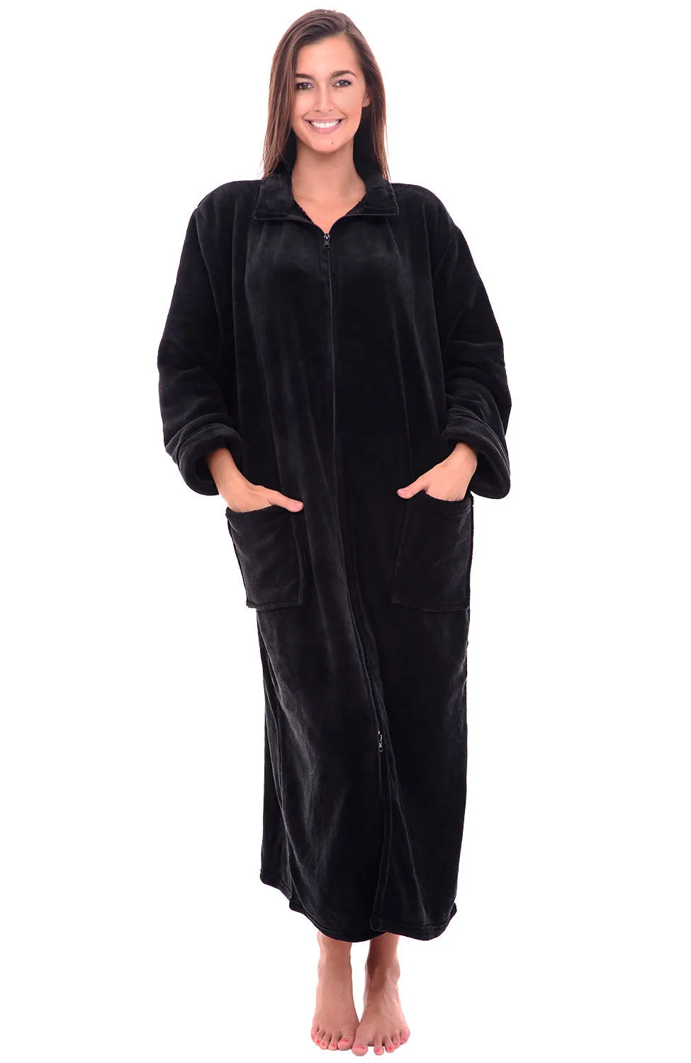 Women's Zip Up Plush Robe, Oversized Bathrobe with Two Way Zipper