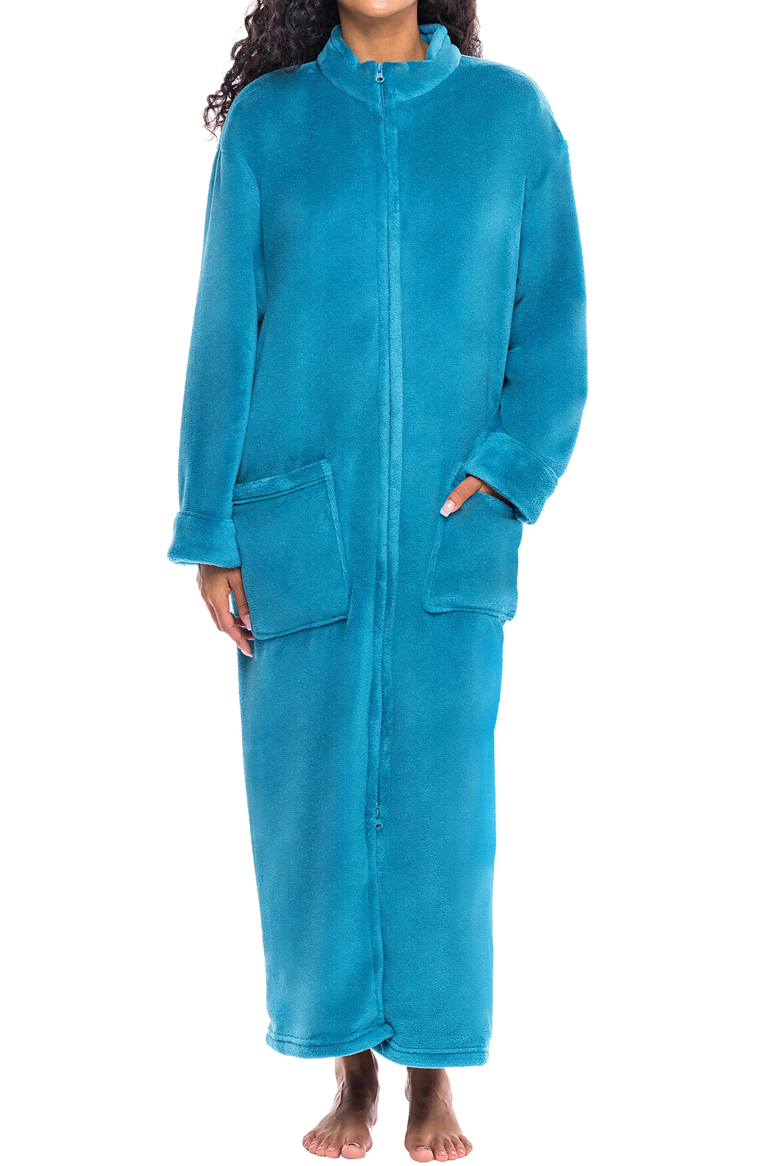 Women's Zip Up Plush Robe, Oversized Bathrobe with Two Way Zipper