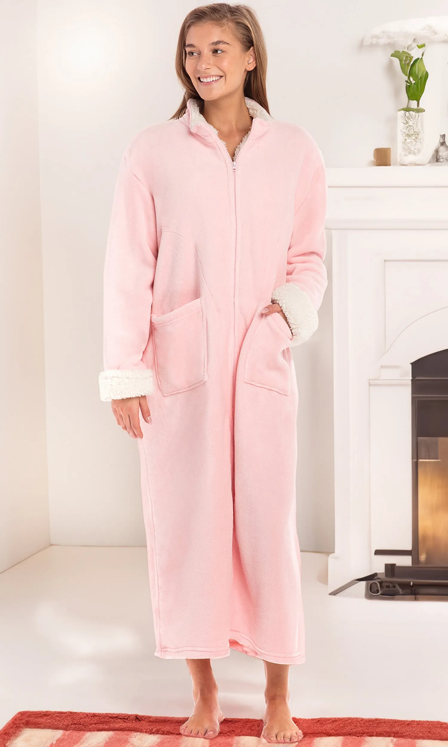 Women's Zip Up Plush Robe, Oversized Bathrobe with Two Way Zipper