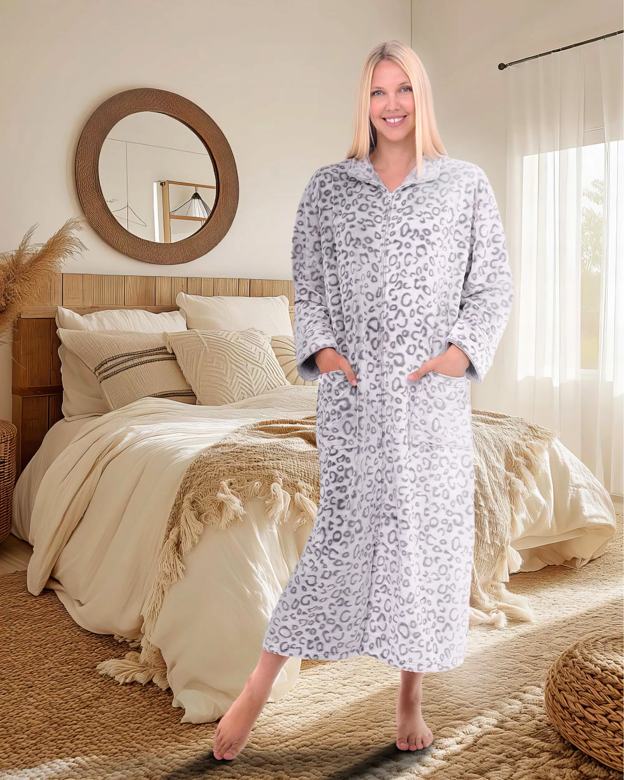 Women's Zip Up Plush Robe, Oversized Bathrobe with Two Way Zipper