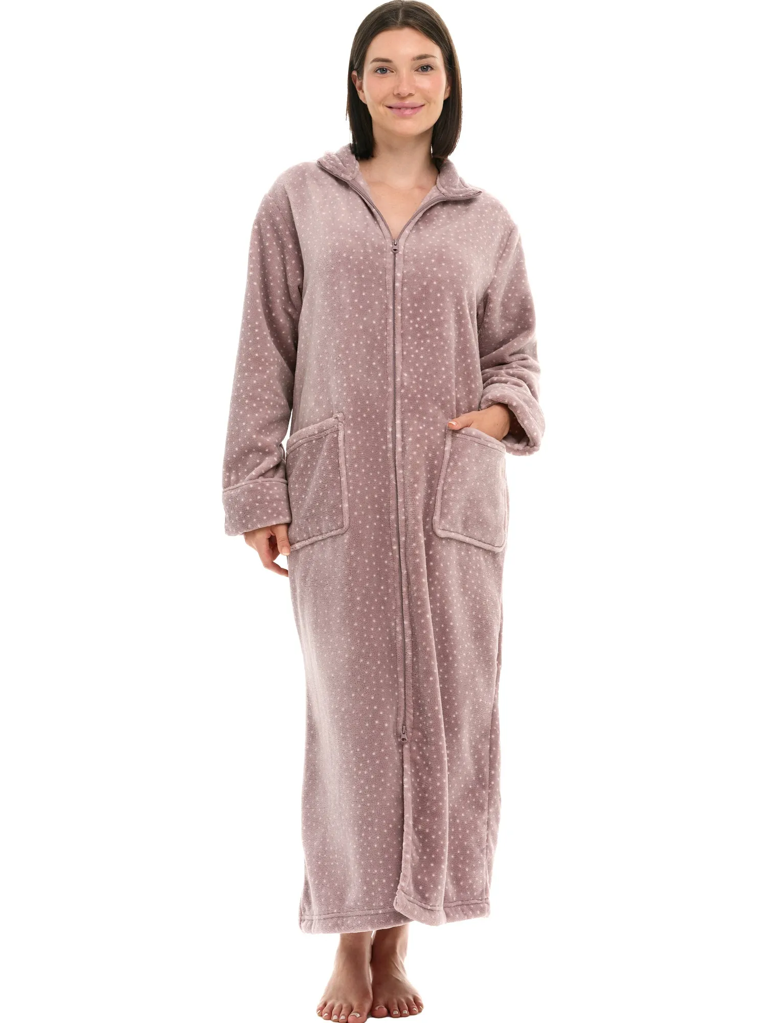 Women's Zip Up Plush Robe, Oversized Bathrobe with Two Way Zipper