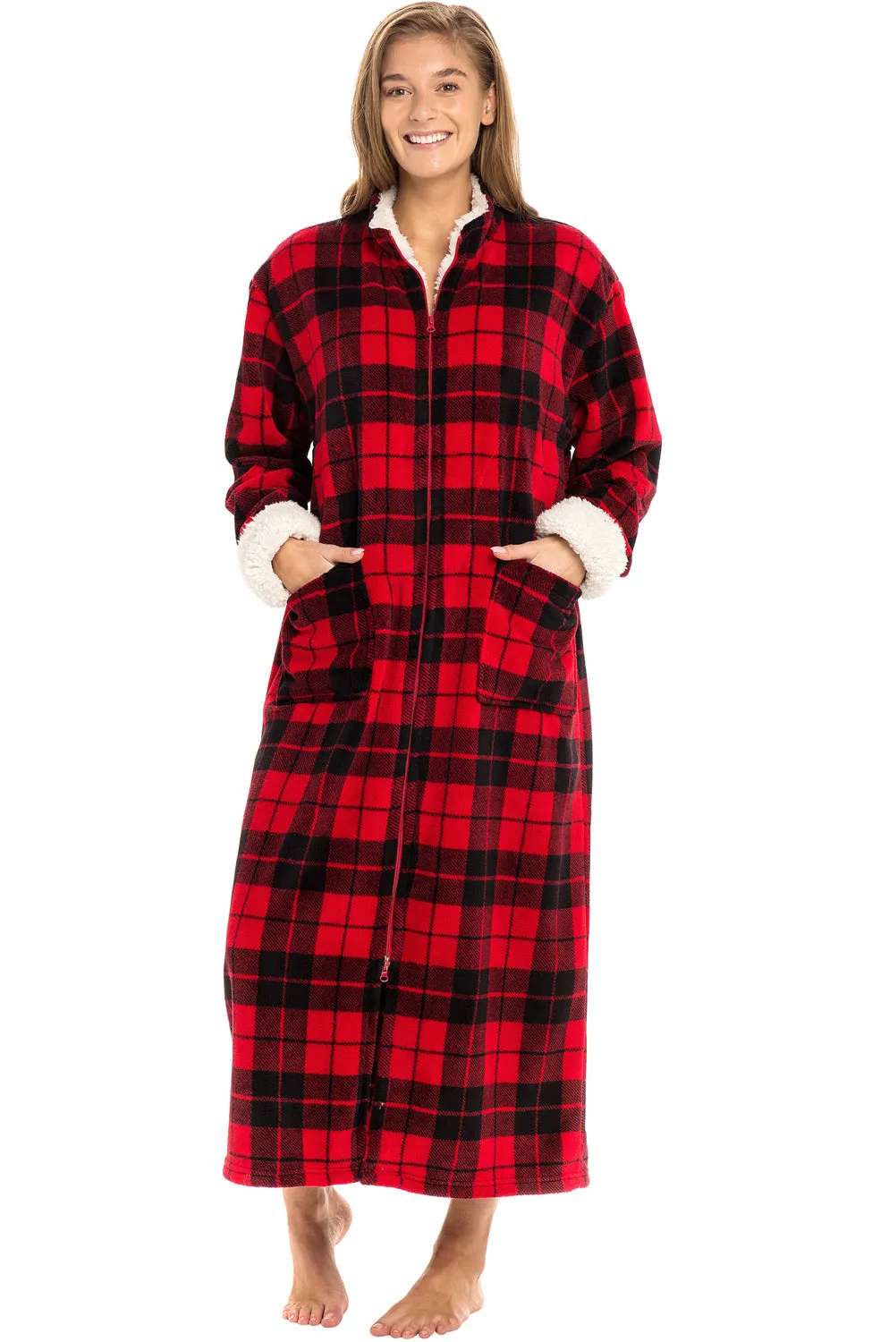 Women's Zip Up Plush Robe, Oversized Bathrobe with Two Way Zipper