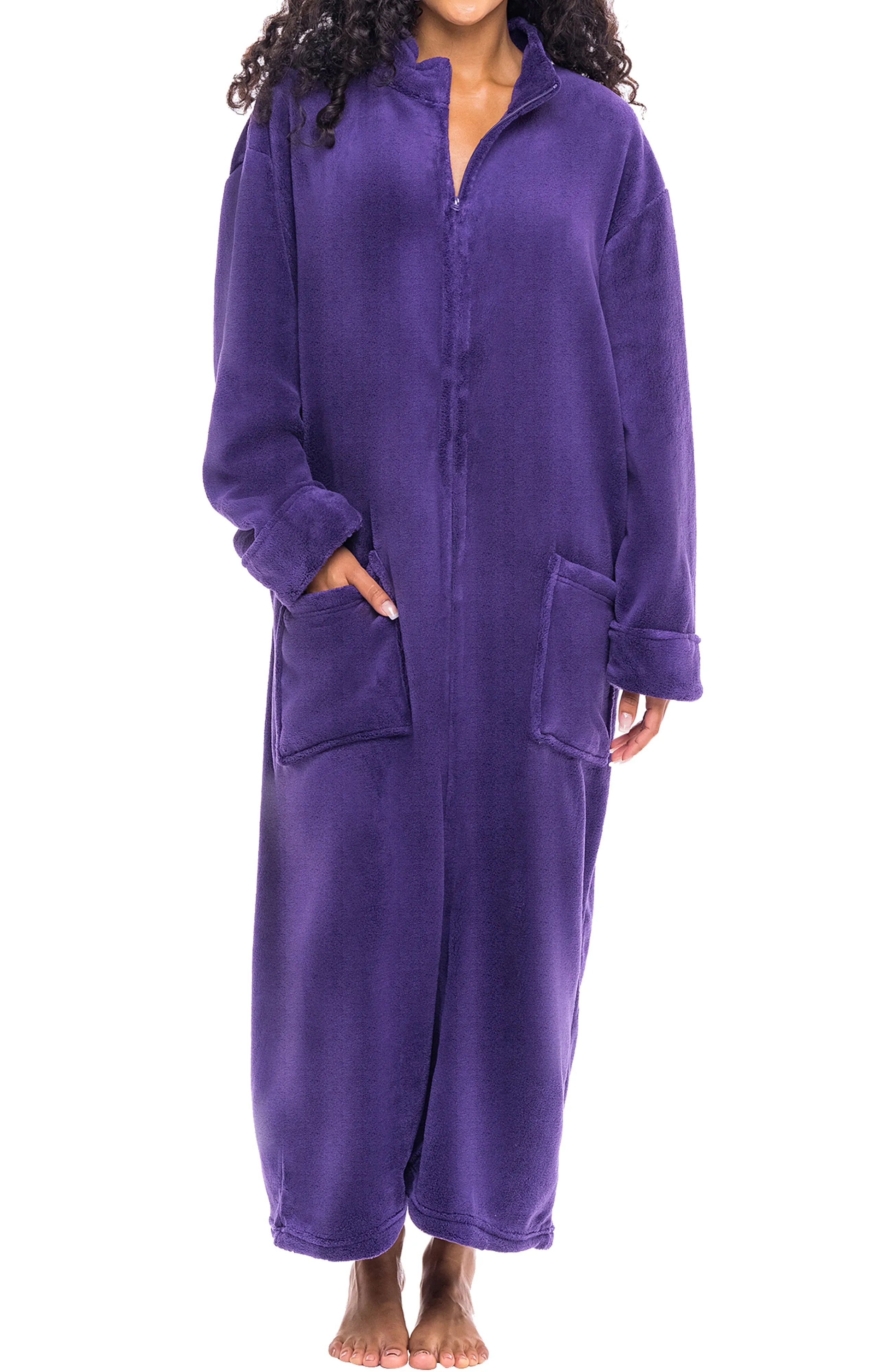 Women's Zip Up Plush Robe, Oversized Bathrobe with Two Way Zipper