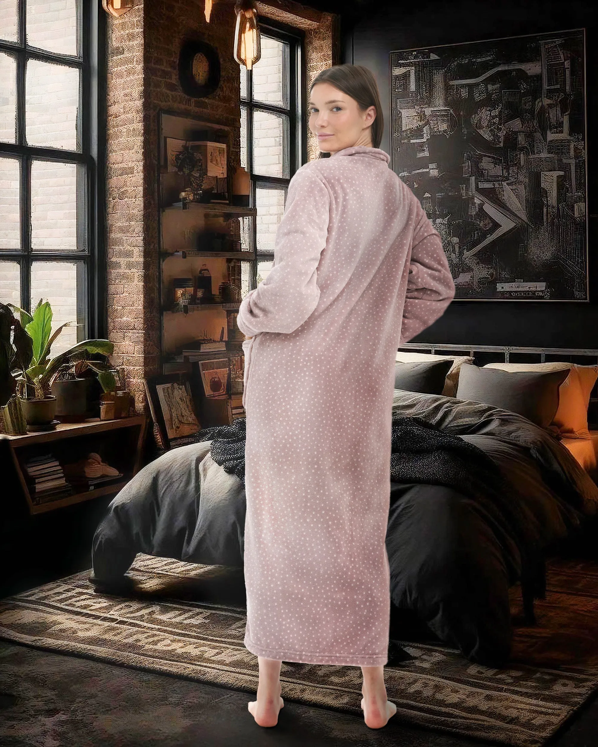 Women's Zip Up Plush Robe, Oversized Bathrobe with Two Way Zipper