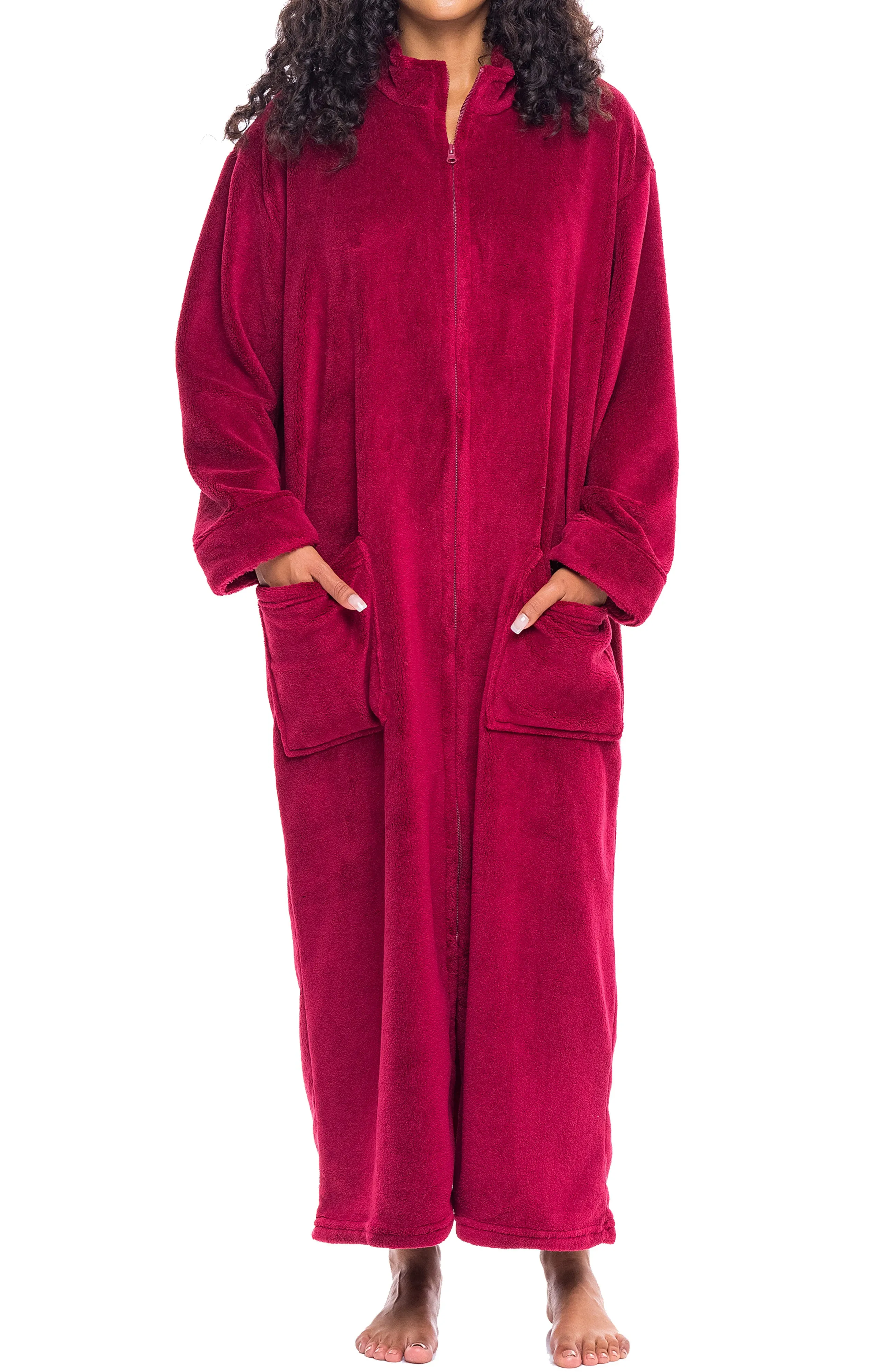 Women's Zip Up Plush Robe, Oversized Bathrobe with Two Way Zipper