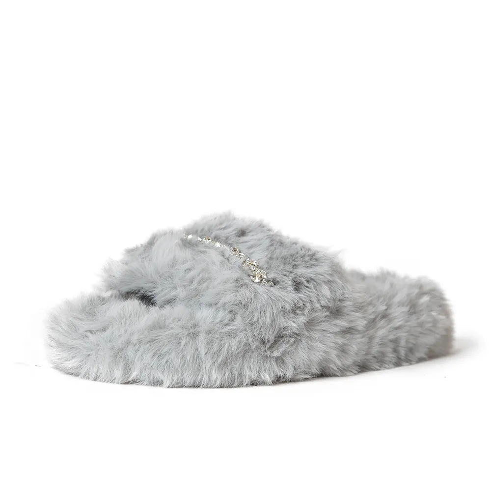 Zsa Zsa Grey Faux Fur Slides with Crystals